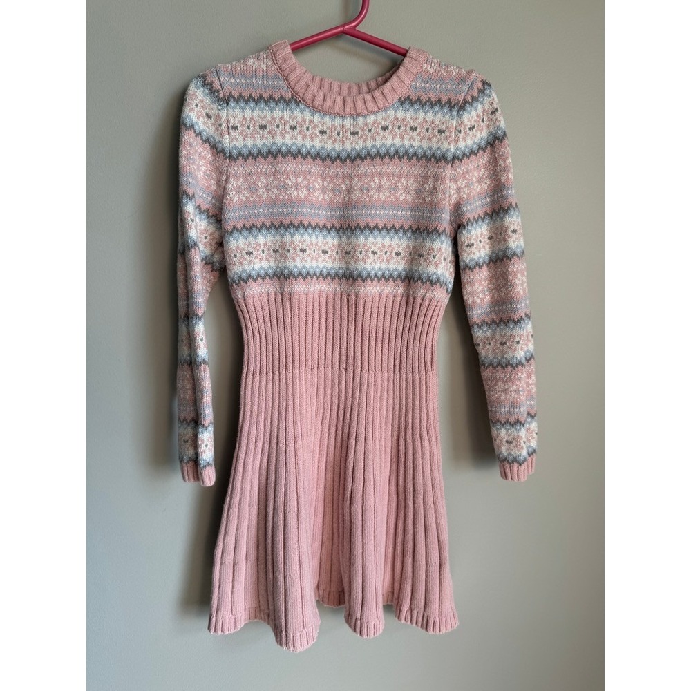 Nula Bug Fair Isle Sweater Dress Girls Size 5 Pink Winter Boho Cozy Knit Cute